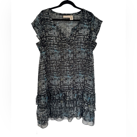 DKNY Belted Geometric Mini Dress Size L Flutter Sleeve Tiered Ruffle Hem - Picture 1 of 8